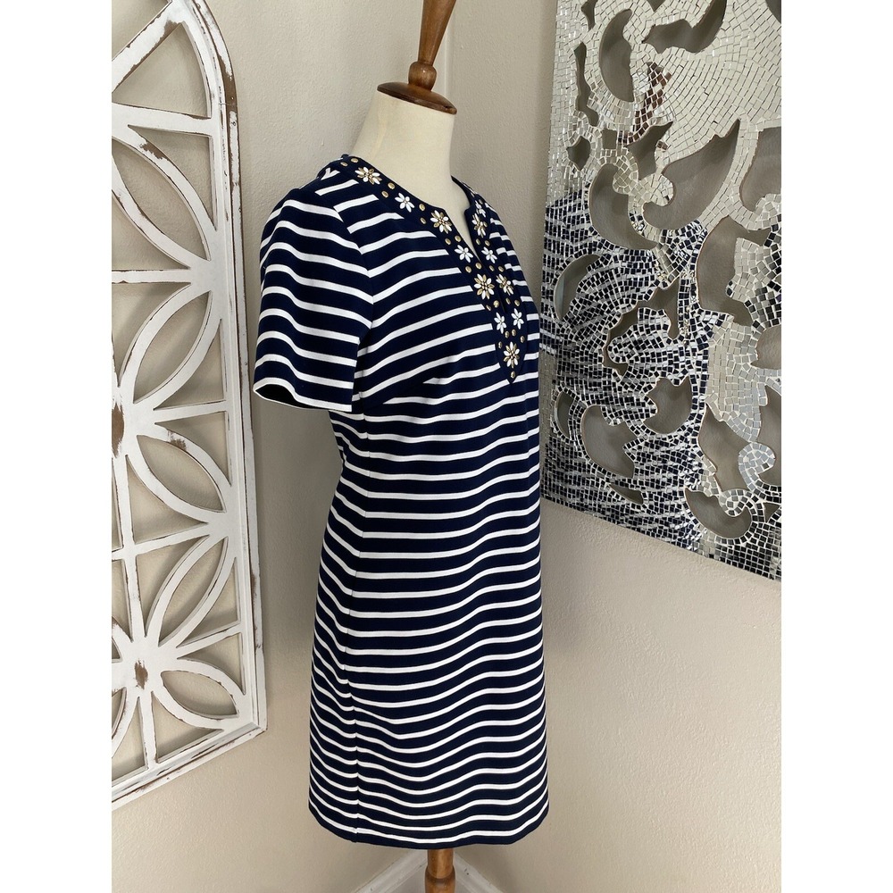 MICHAEL KORS small NAVY WHITE STRIPE FLORAL STUD NECK SHORT SLEEVE SHEATH DRESS - Picture 3 of 6